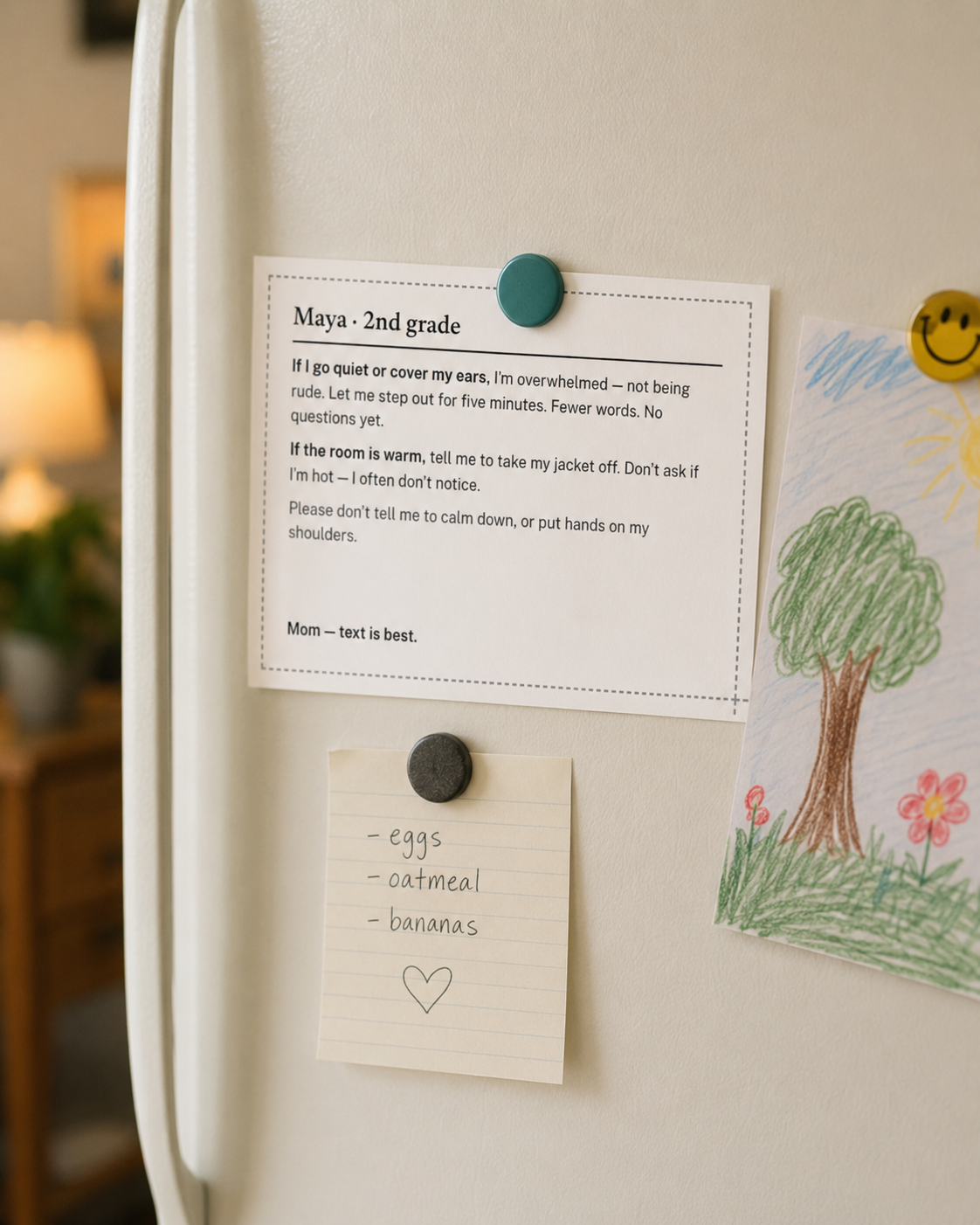 The card held to a fridge door with a magnet, next to a child's drawing.