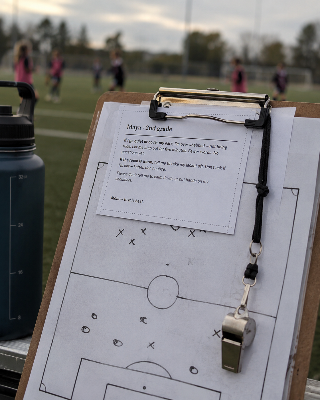 The card clipped to a coach's clipboard at the side of a field.