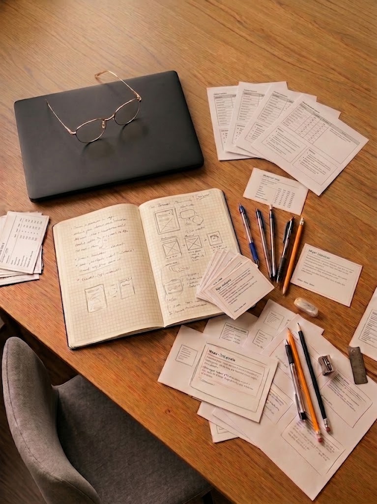 A desk with printed cards, a notebook and a cup of coffee.