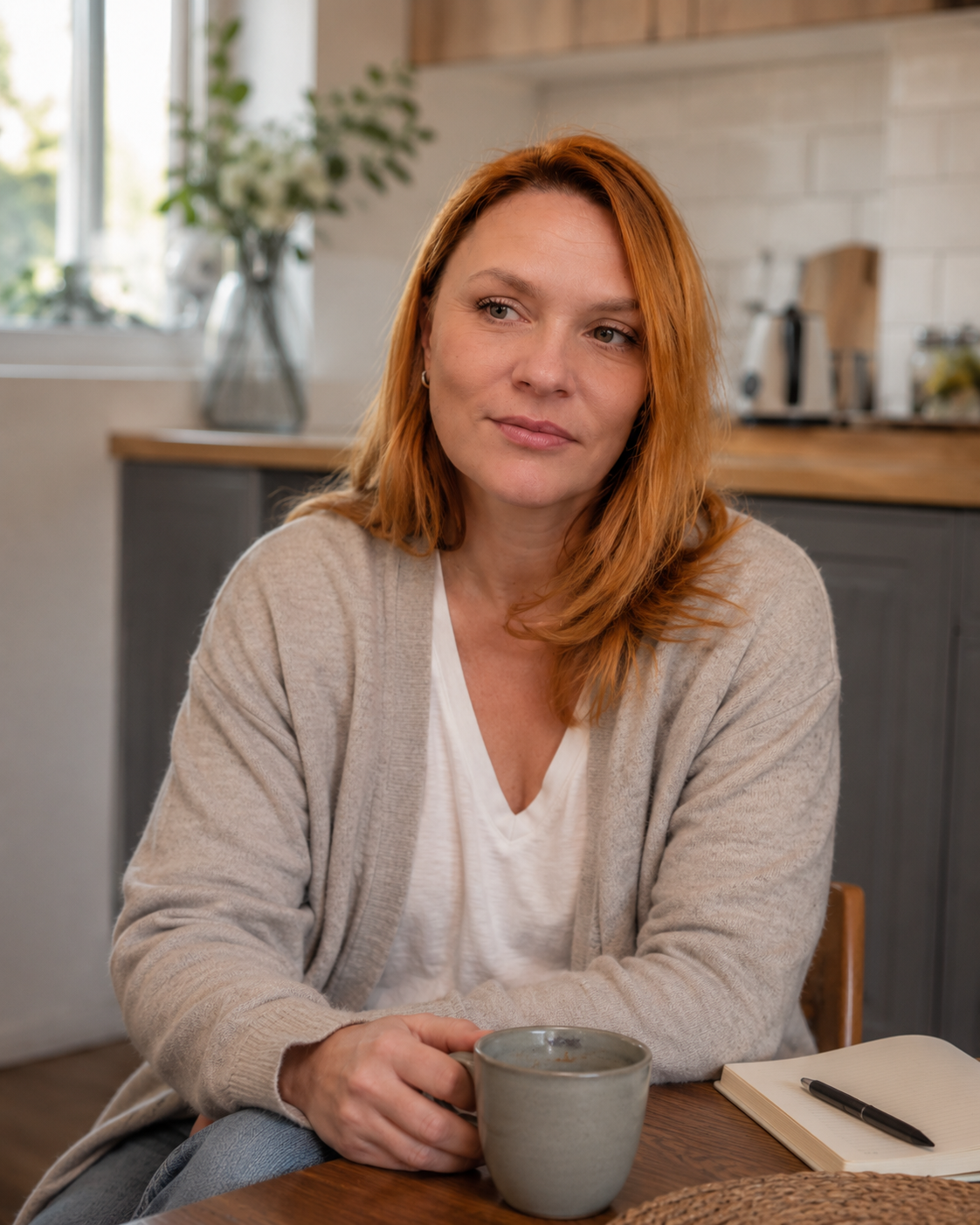 Sandra at her kitchen table with a cup of coffee and a notebook.