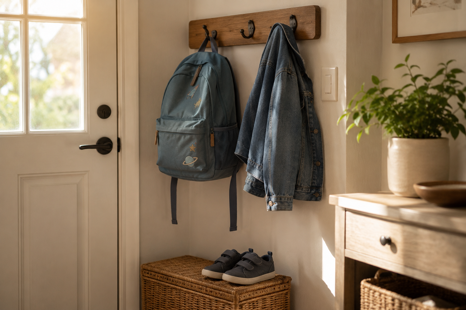 A coat and a backpack on a hook by the front door.