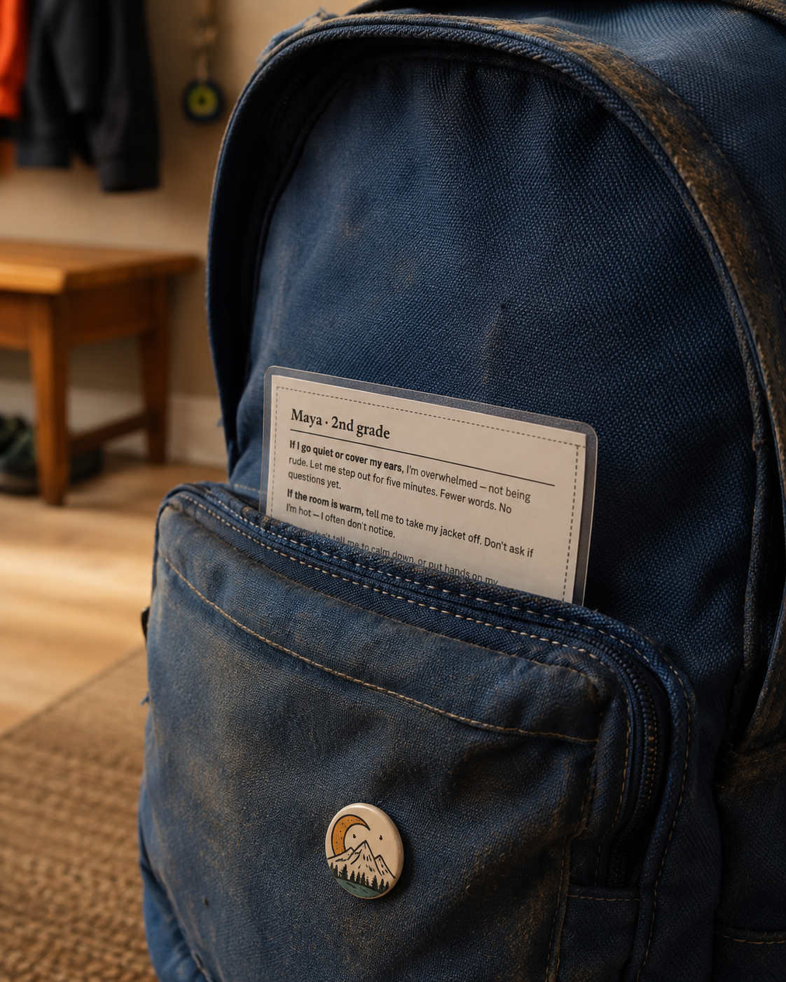 A laminated Linkiddo carry card peeking out of a child's backpack pocket.